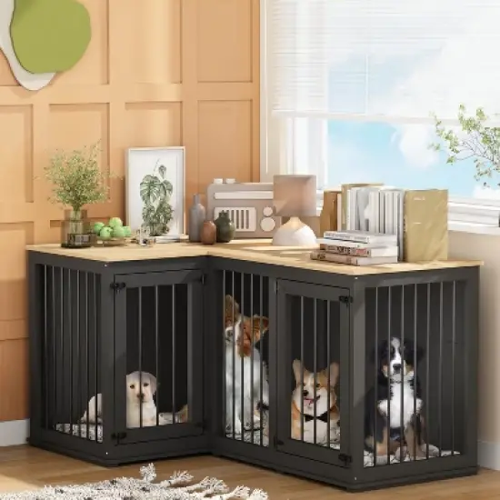 FUFU&GAGA Corner Double Dog Cage Furniture with Divider for Living Room image {1}