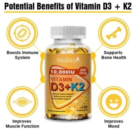 Mulittea 10000 IU Vitamin D3 K2, Support Bone & Joint Health, Increase Immunity, 60 Softgels image {1}