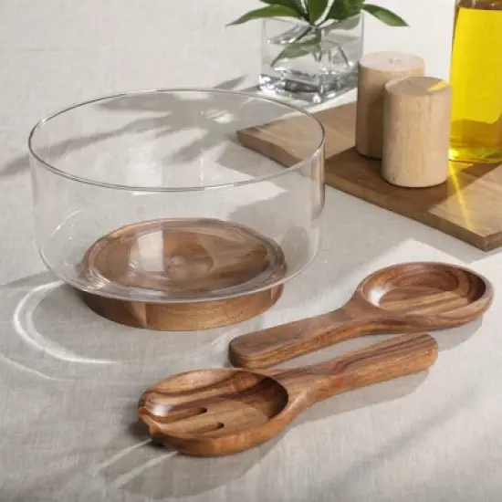 Gibson Elite Wildgreens Large Glass Salad Bowl Set with Acacia Serving Utensils image {9}