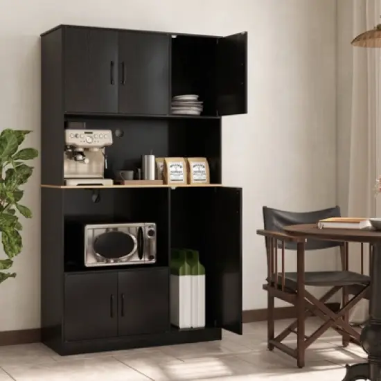 Costway 71" Tall Kitchen Pantry Cabinet with Charging Station Microwave Stand & Doors Black/White image {4}