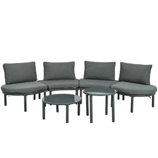 FIONECA 6-Piece Half Moon Outdoor Sectional Sofa Set with 2 Coffee Tables, Gray PE Wicker Patio Furniture with Cushions & Pillows image {7}