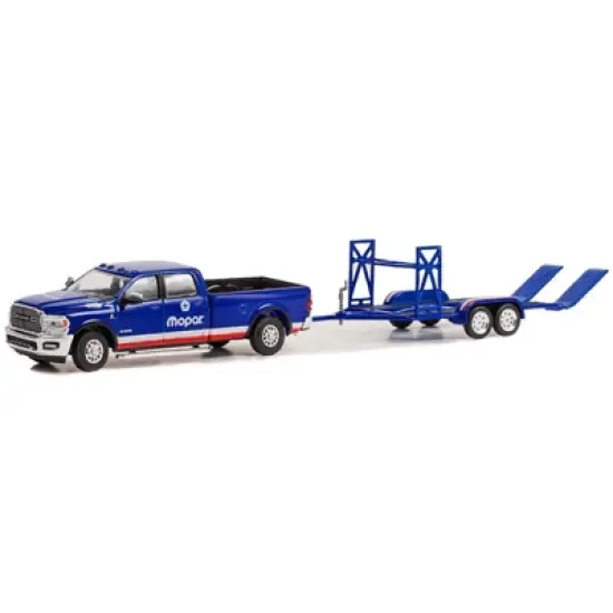 2020 Ram 2500 Laramie Truck Blue with Red and White Stripes "Mopar" and Tandem Car Trailer 1/64 Diecast Model Car by Greenlight image {1}