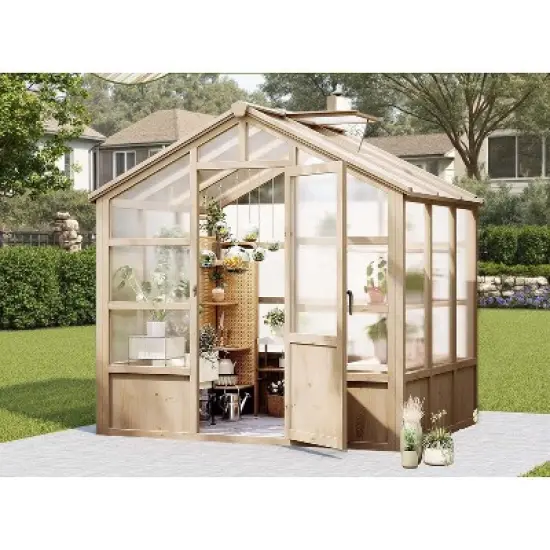 8x8FT Outdoor Wooden Greenhouse with Lockable Door Adjustable Vent Polycarbonate Panels Heavy Duty Garden Yard Greenhouse Light Brown image {7}