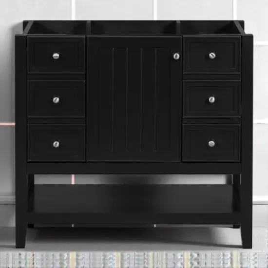36" Freestanding Bathroom Vanity Base Only, Black Solid Wood & MDF Cabinet with 1 Door, 3 Drawers & Open Shelf, No Sink image {14}