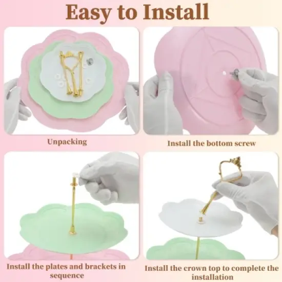 Unique Bargains 3 Tier Dessert Cupcake Stand Holder Round with Tiered Serving Tray for Donuts Fruits White Pink Green Gold Tone image {3}