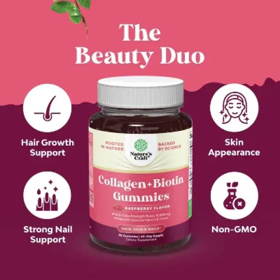 Collagen + Biotin Gummies, Extra Strength Biotin Collagen Supplement for Hair, Skin, & Nails for Women, Raspberry Flavor, Nature's Craft, 90ct image {3}