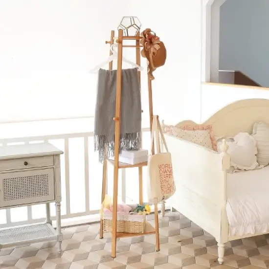 Artloge 3 Tier Free Standing Garment Organizer Natural Bamboo Coat Rack Corner Tall Garment Rack with 8 Hooks for Bedroom Living Room Entryway image {6}