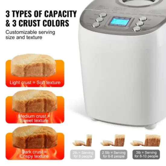 VEVOR Bread Maker, 15-in-1 3LB Dough Machine, Nonstick Ceramic Pan Automatic Breadmaker with Gluten Free Setting, Digital, Programmable image {3}
