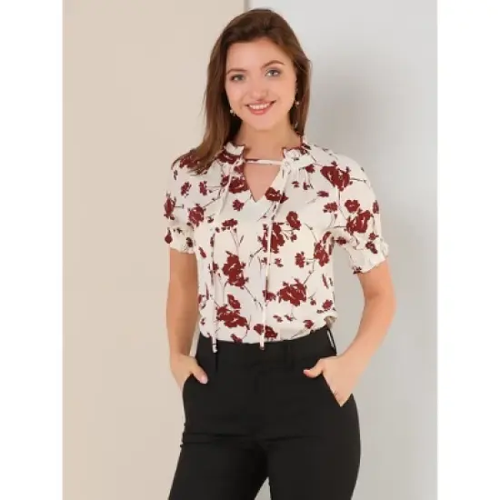 Allegra K Women's Ruffle Tie V Neck Casual Smocked Short Sleeve Floral Top Blouse image {2}