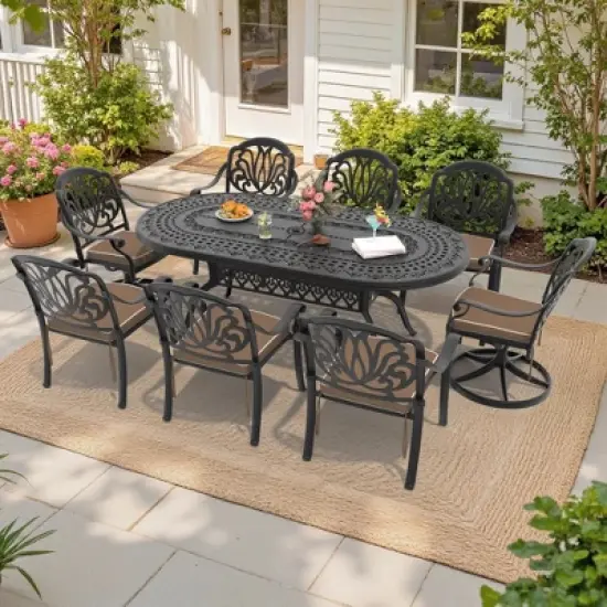 9-Piece Oval Cast Aluminum Outdoor Patio Dining Set with Swivel Chairs & Brown Cushions & Umbrella Hole image {13}
