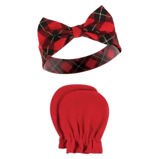 Hudson Baby Infant Girl Cotton Headband and Scratch Mitten Set, Fancy Plaid Snowflake, 0-6 Months image {4}