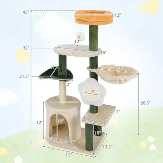 Tangkula 45" Tall Cat Tree Flower Multi-level Pet Activity Center Furniture w/Sisal Post image {8}