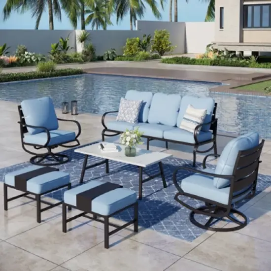 Captiva Designs 6pc Metal Patio Furniture Conversation Set with Swivel Chairs and Ottomans for Garden Porch Backyard image {14}