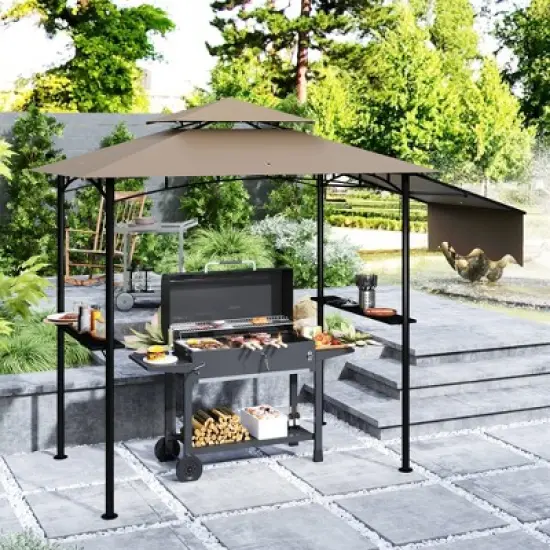 Outsunny 8' x 5' Grill Gazebo, Double Tiered Outdoor BBQ Gazebo with Side Awning, 2 Side Shelves and 6 Hooks for Patio, Deck, Yard, Brown image {2}