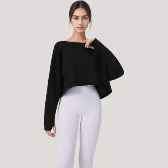 Anna-Kaci Active Women's Cropped Long Sleeve Active Top with Relaxed Fit and Crew Neck image {3}