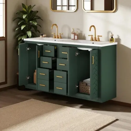 Mshliw 60 Inch Double Bathroom Vanity with Ceramic Sink Combo, Modern Freestanding Cabinet with 6 Drawers and 4 Soft Close Doors, Solid Wood Frame image {5}