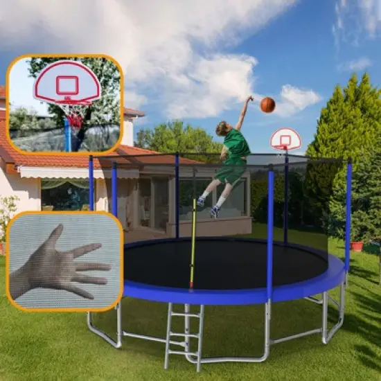 HFYee 8/10/12/14/10*16FT Backyard Trampoline Basketball Kit with Bonus Balls & Safety Enclosure for Ages 8+, Blue image {6}