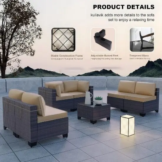 ALAULM Patio Furniture 7 Pieces Outdoor Sectional PE Rattan Sofa Set Brown Manual Wicker Patio Conversation Set image {6}