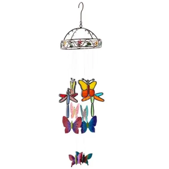 Wind & Weather Colorful Indoor Mobile with Stained Glass Butterflies and Dragonflies and Metal Butterflies image {1}