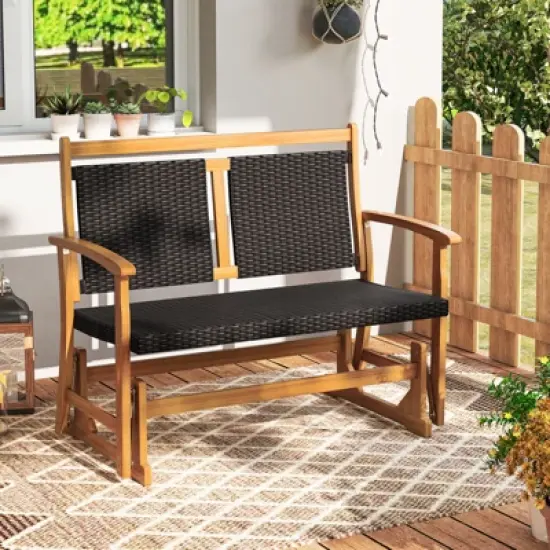 Tangkula Patio Rattan Glider Bench Swing Gliding Rocker for 2 w/ Acacia Wood Frame image {9}