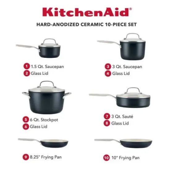 KitchenAid 10pc Hard Anodized Ceramic Nonstick Cookware Set Matte Black: Lifetime Warranty, Hand Wash, Gas Compatible image {1}