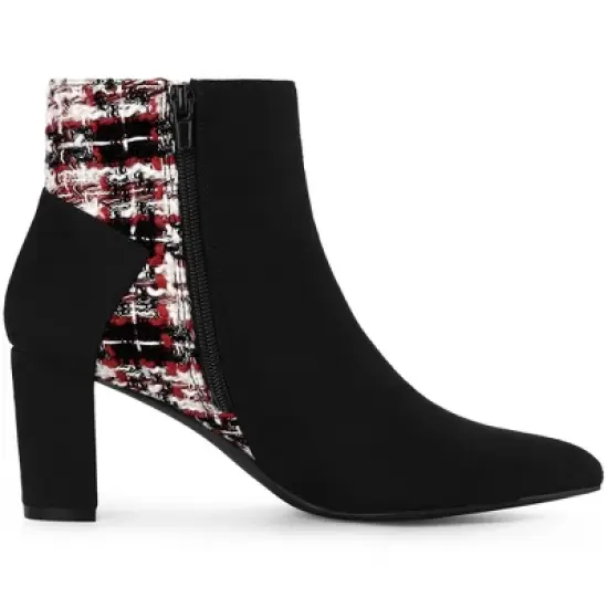 Allegra K Women's Plaid Pointed Toe Block Heels Ankle Boots image {6}