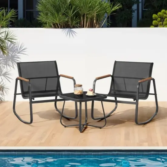 3-Piece Outdoor Patio Set with 2 Rocking Chairs & Table, Steel Frame, Breathable Synthetic Fabric, Garden & Backyard image {7}