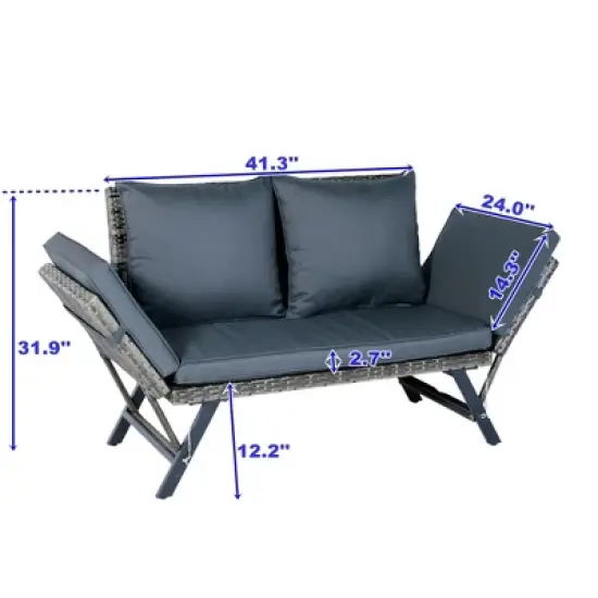 YOOCOZZ Outdoor Patio Wicker Rattan Bench & Loveseat with Side Foldable Armrests and Thick Cushions - Grey image {9}