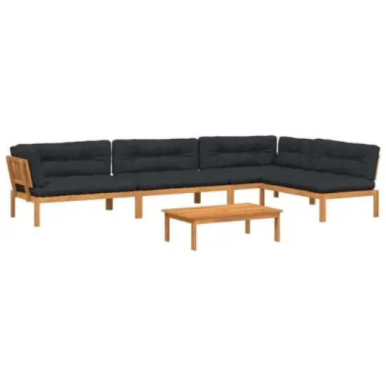 vidaXL Patio Pallet Sofa Set Set of 5 Black cushions, Natural acacia wood image {11}