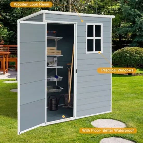 5ft x 3ft Resin Outdoor Storage Shed Plastic Garden Sheds with Floor and Lockable Door for Backyard, Lawn, Grey (W540S00019) image {5}