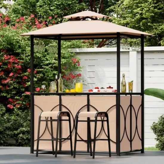 Costway 6.5 x 4 x 8 FT Grill Gazebo Set with 2 Bar Stools, Tempered Glass Bar Table Brown/Gray image {1}