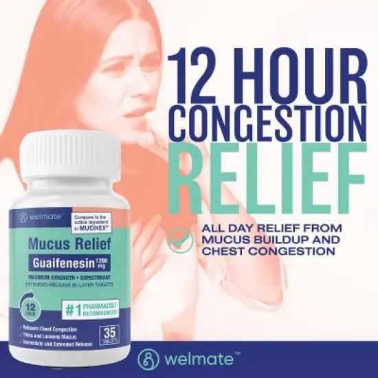 Welmate Mucus Relief | Guaifenesin 1200mg 12 Hour | 35 Count Extended-Release Tablets image {2}