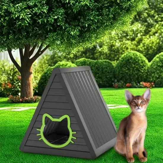 SEVOBAL Pet Crates and Houses Triangular Weatherproof Cat Shelter, Cozy Outdoor Indoor House with Escape Door, Black, 23.82"*25.59"*25.67" image {3}