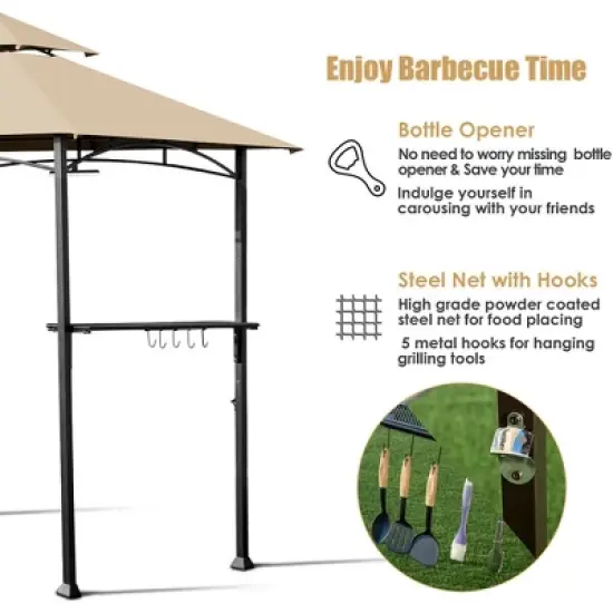 Costway 8' x 5' Outdoor Patio Barbecue Grill Gazebo w/ LED Lights 2-Tier Canopy Top Tan image {6}