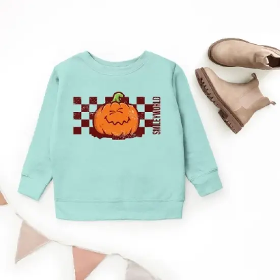 The Juniper Shop SmileyWorld Pumpkin Face Checkered Youth Sweatshirt - XS - Seafoam image {2}