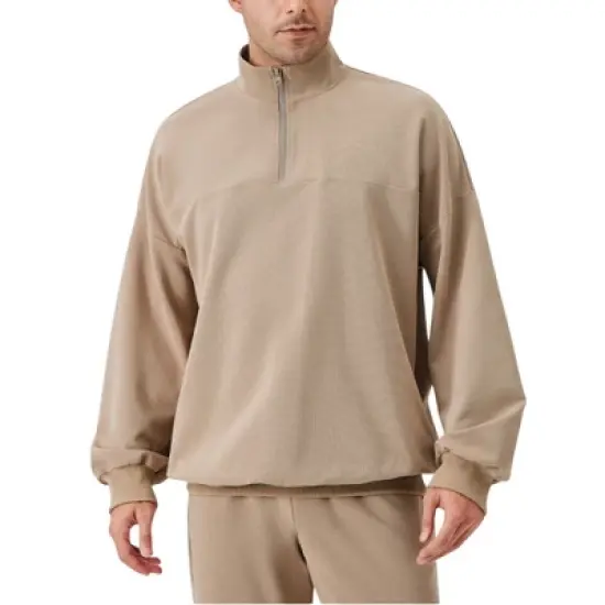Anna-Kaci Active Men's Oversized Quarter Zip Pullover with Drop Shoulders and Ribbed Cuffs for Relaxed Casual Styling image {7}