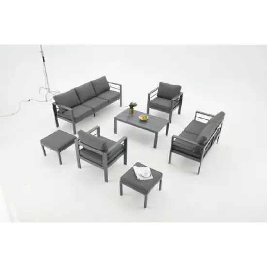 COWLOWN 7 Piece Black Aluminum Modern Outdoor Patio Furniture Set with Coffee Table and Dark Grey Cushions, Ideal for Balcony, Porch, Lawn and Yard image {9}