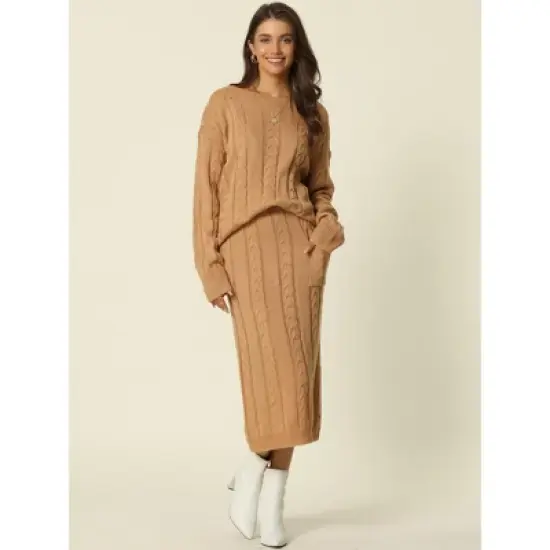 Seta T Womens' Fall Winter Casual Crewneck Sweater Two Pieces Outfit Midi Skirts with Pockets Lounge Set image {2}