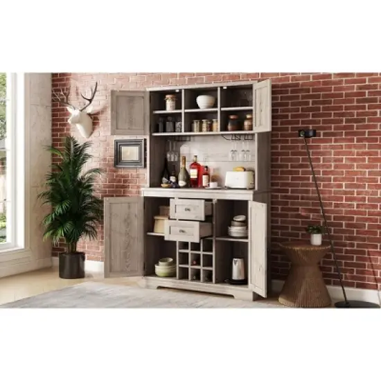 Gulches Timeless Multi-Functional Coffee and Wine Bar Cabinet Open Shelves, 9 Grid Bottle Holders, 6 Hooks and High Quality Build image {10}