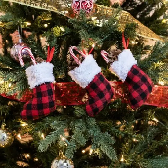 Joyfy 12 Pcs Mini Christmas Stocking, 5" Red Black Plaid Xmas Stockings for Christmas Tree Decoration Xmas Holiday Decor Party Favors image {3}