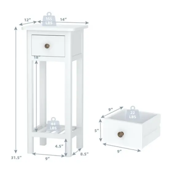 Costway 2 Tier End Bedside Sofa Side Table with Drawer Shelf Acacia Wood Nightstand White image {1}