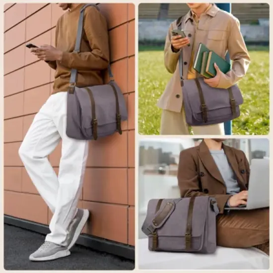 Vintage Canvas Messenger Bag for Men 15.6-16 inch Laptop bag,Computer Satchel Shoulder Bag for School Work Travel (Grey) image {5}