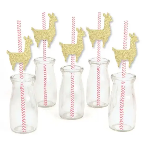 Big Dot of Happiness Gold Glitter Llama Party Straws - No-Mess Real Gold Glitter Cut-Outs & Baby Shower or Birthday Party Paper Straws - Set of 24 image {1}