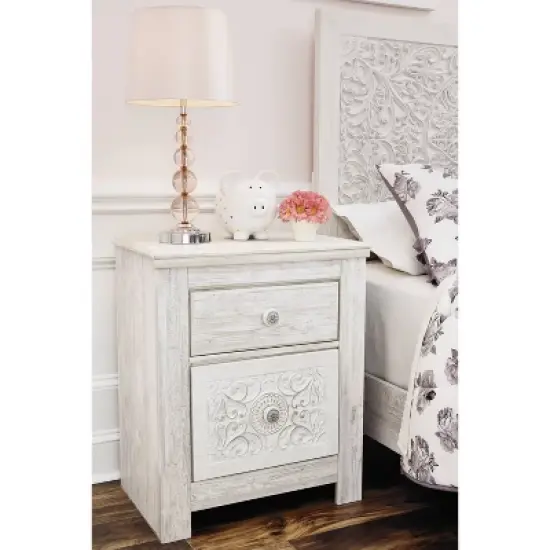 Paxberry Two Drawer Nightstand White Wash - Signature Design by Ashley: Traditional Style, USB Port, Storage Function image {6}