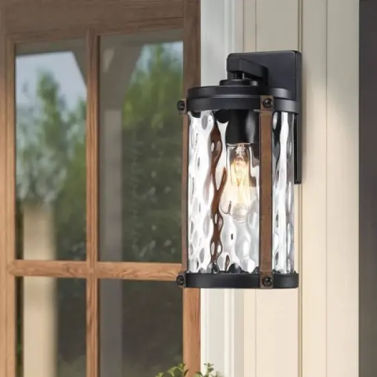 Water Glass and Wood Finish Outdoor Wall Light Black - Wellfor image {7}