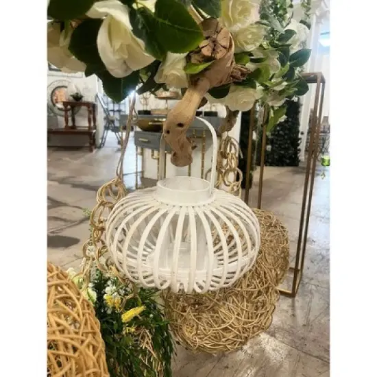 Essential Decor & Beyond 6.8" White Wash Bamboo Glass Candle Holder Tabletop Lantern With Handle image {2}