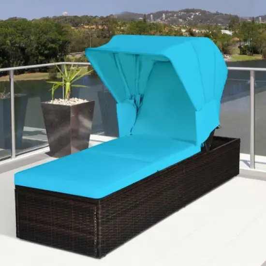 Tangkula 2PCS Rattan Patio Chaise Lounge Chair W/ Adjustable Canopy Turquoise Cushion image {2}