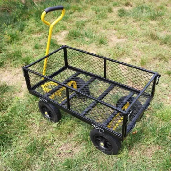 FURNIinspire Wheelbarrows And Lawn Carts Tools Cart Wagon Cart, Garden Cart Trucks With Solid Wheels And Yellow Handle, Black, 37&ldquo;*19"*40" image {5}