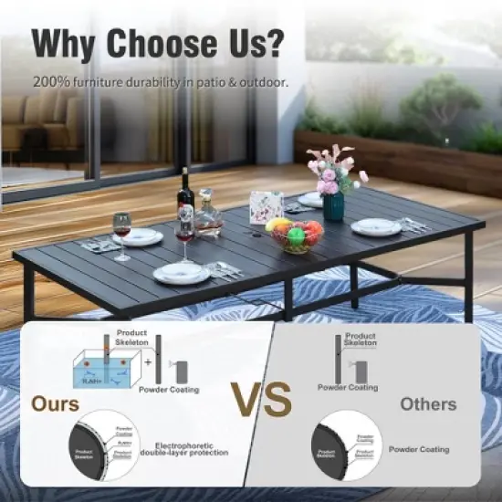 Captiva Designs 9pc Patio Spacious Black Steel Dining Table & High Back Padded Grayish Brown Sling Armrest Chairs image {9}