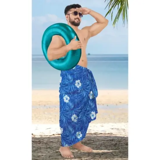 LA LEELA Men's Sarong Aloha Beach Pareo Wrap One Size Tropical Floral Leafs Blue image {2}